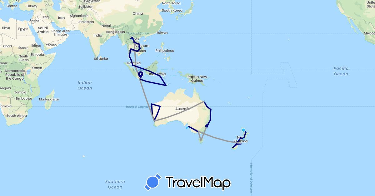 TravelMap itinerary: driving, plane, boat in Australia, Indonesia, Cambodia, Laos, Malaysia, New Zealand, Singapore, Thailand (Asia, Oceania)